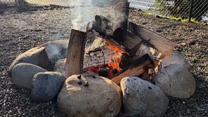 A campfire surrounded by rocks and logs, with a fence and trees in the background. - Olympic Peninsula Vacation Rental: Close to Water (Sekiu)