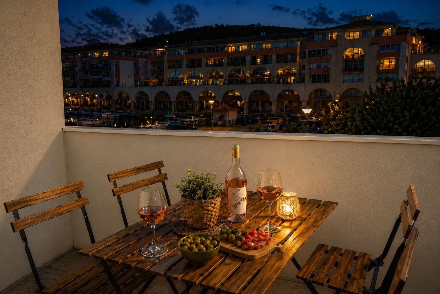 Una mesa de madera dispuesta con una botella de vino, copas, un cuenco de aceitunas y una vela en un balcón con vistas a un edificio con varios balcones.