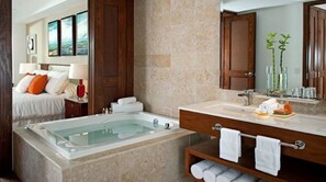 Jetted bath, hair dryer, towels, soap