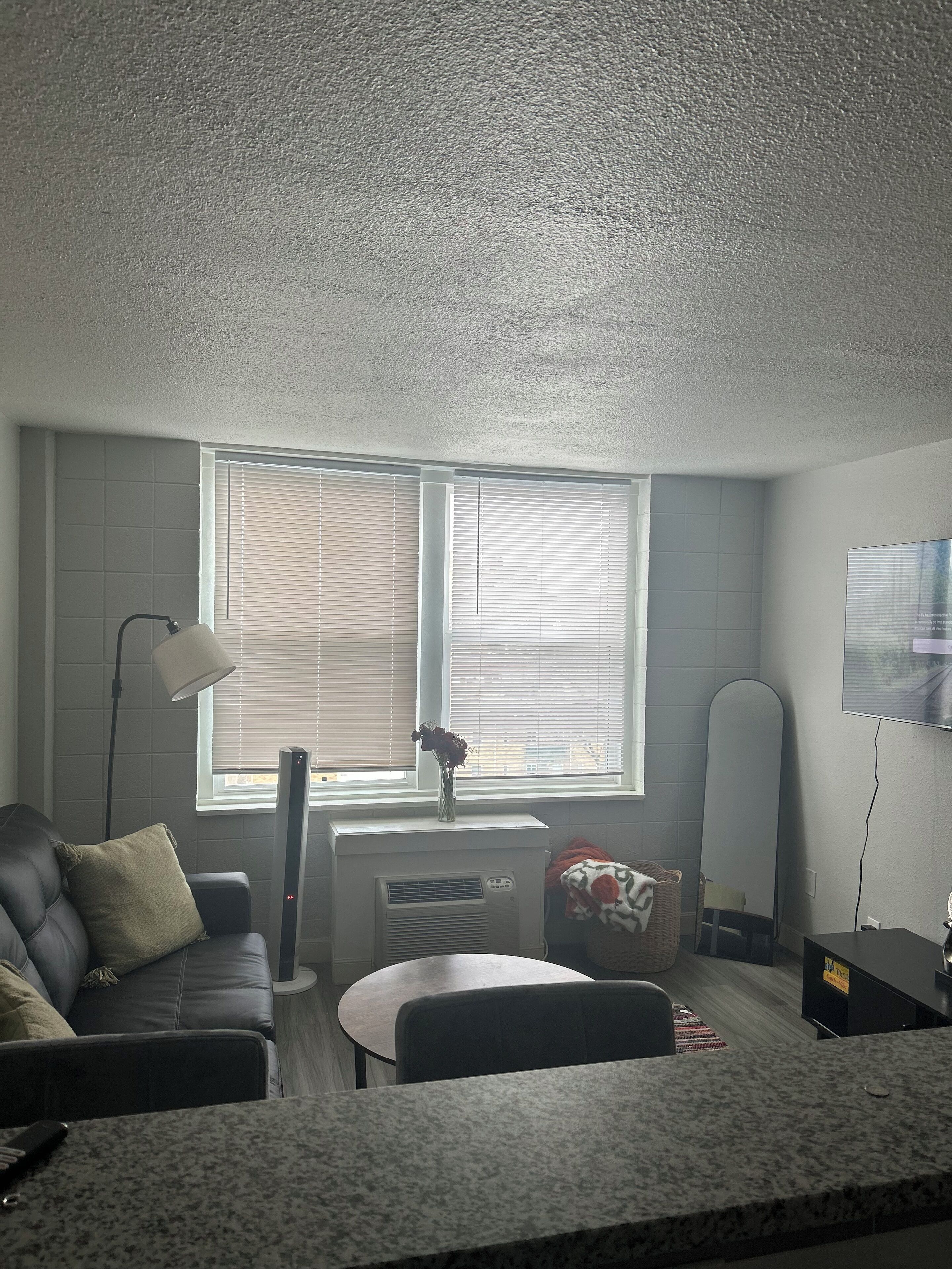 A living room with a couch, a table, a lamp, a radiator, and a window with blinds.