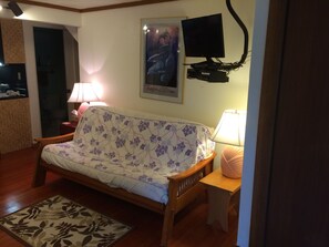 Ett mysigt vardagsrum med en soffa med blommönster, ett träbord, en liten matta, en inramad tavla på väggen och en tv som är monterad på väggen.