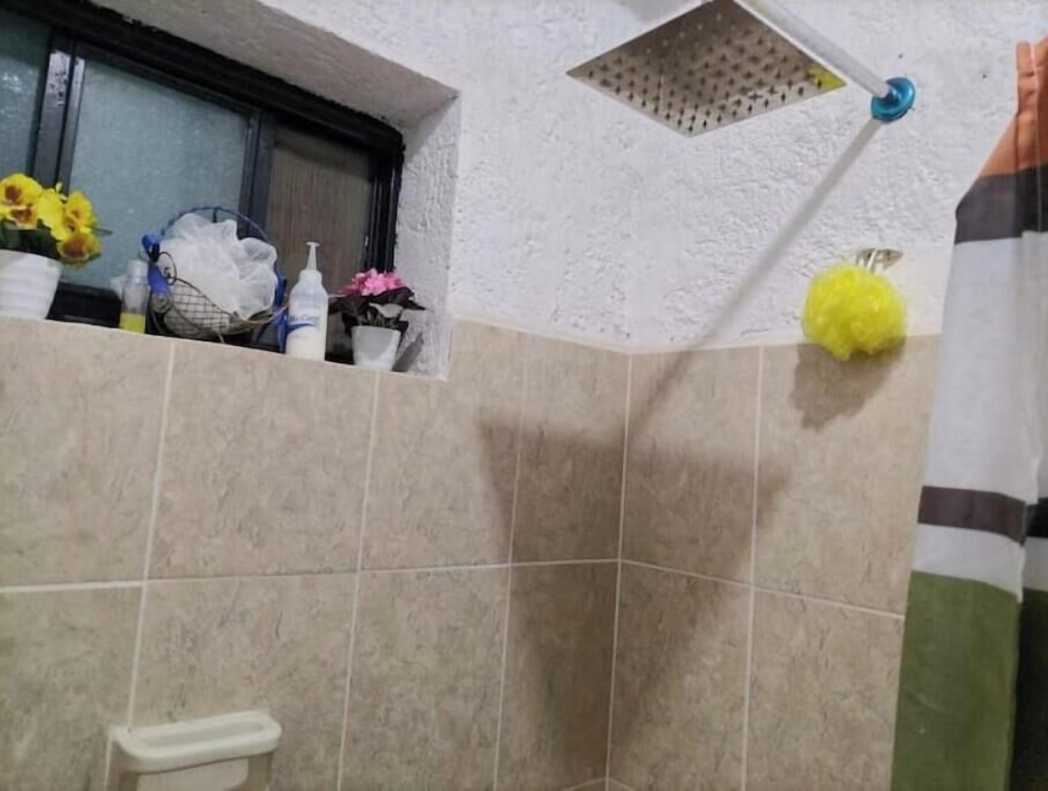 Shower, towels, soap, toilet paper