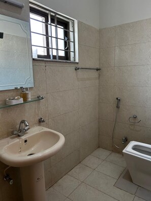 Hiustenkuivaaja, pyyhkeet, saippua, vessapaperi