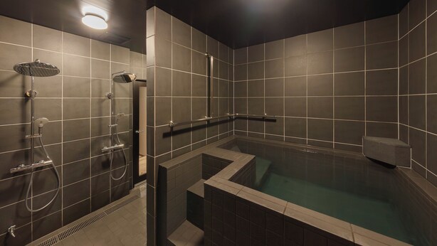 A modern bathroom with a bathtub, two showers, and a toilet.