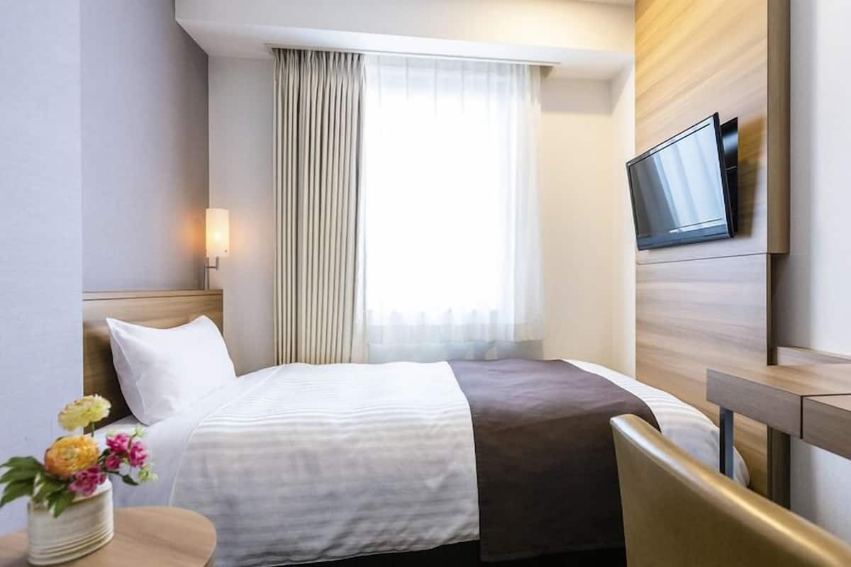 A hotel room with a bed, a desk, a TV, and a window with curtains.