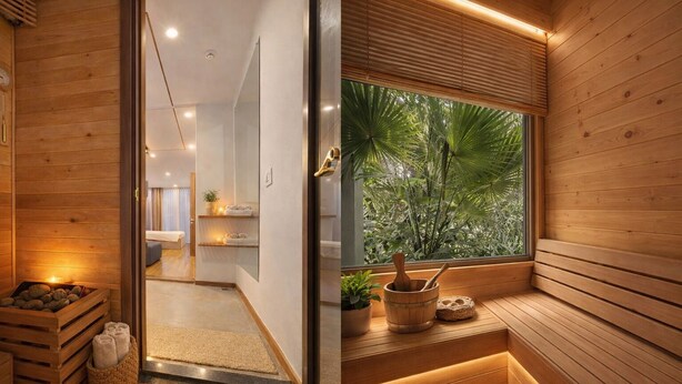 Ein Holzinterieur mit einem großen Fenster, einem Sauna-Bereich und einem sichtbaren Badezimmer.
