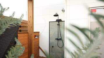 Hair dryer, bidet, towels, soap