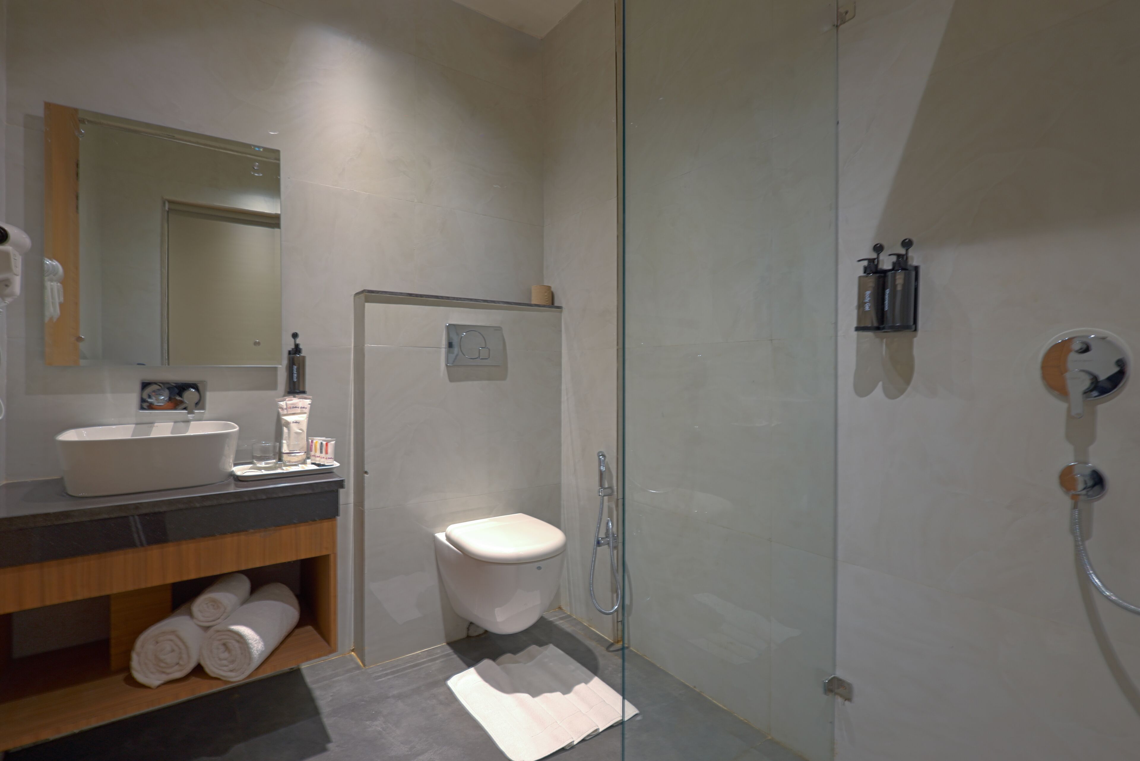 A modern bathroom with a glass-enclosed shower, a white sink, and a toilet.
