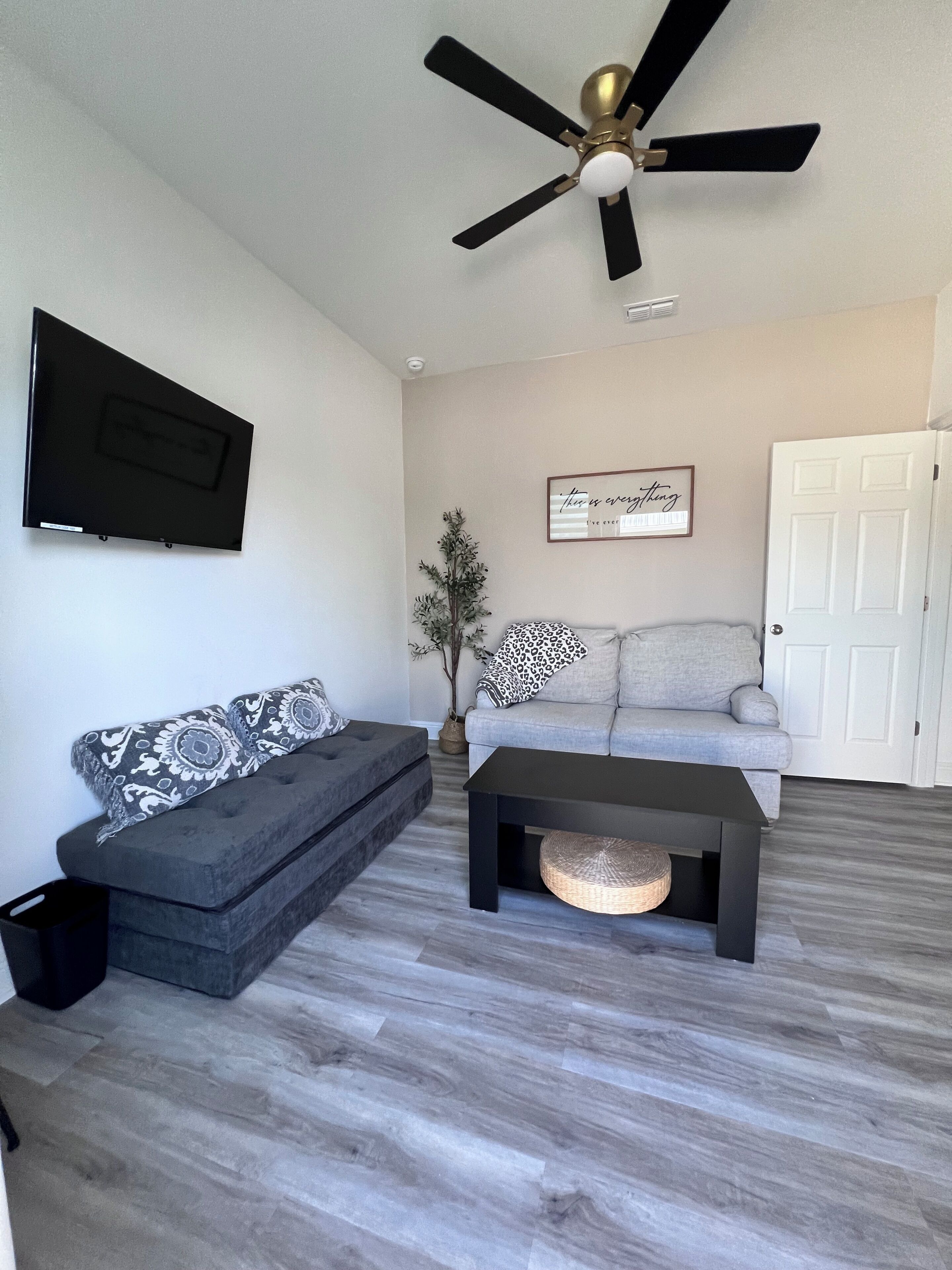 Un salon avec un canapé gris, une table basse noire, un ventilateur de plafond, un téléviseur à écran plat et une porte.