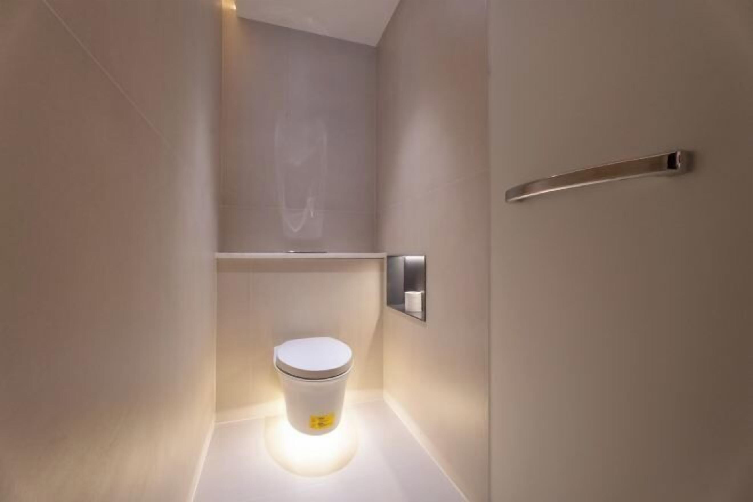 Een moderne badkamer met toilet, een handgreep en een wandlamp.