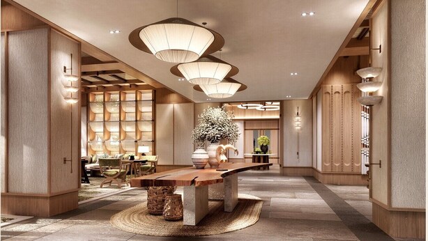 A spacious lobby with a central wooden table, seating area, and decorative lighting. - Slohh by Roach Bengaluru, Curio Collection by Hilton (Bengaluru)