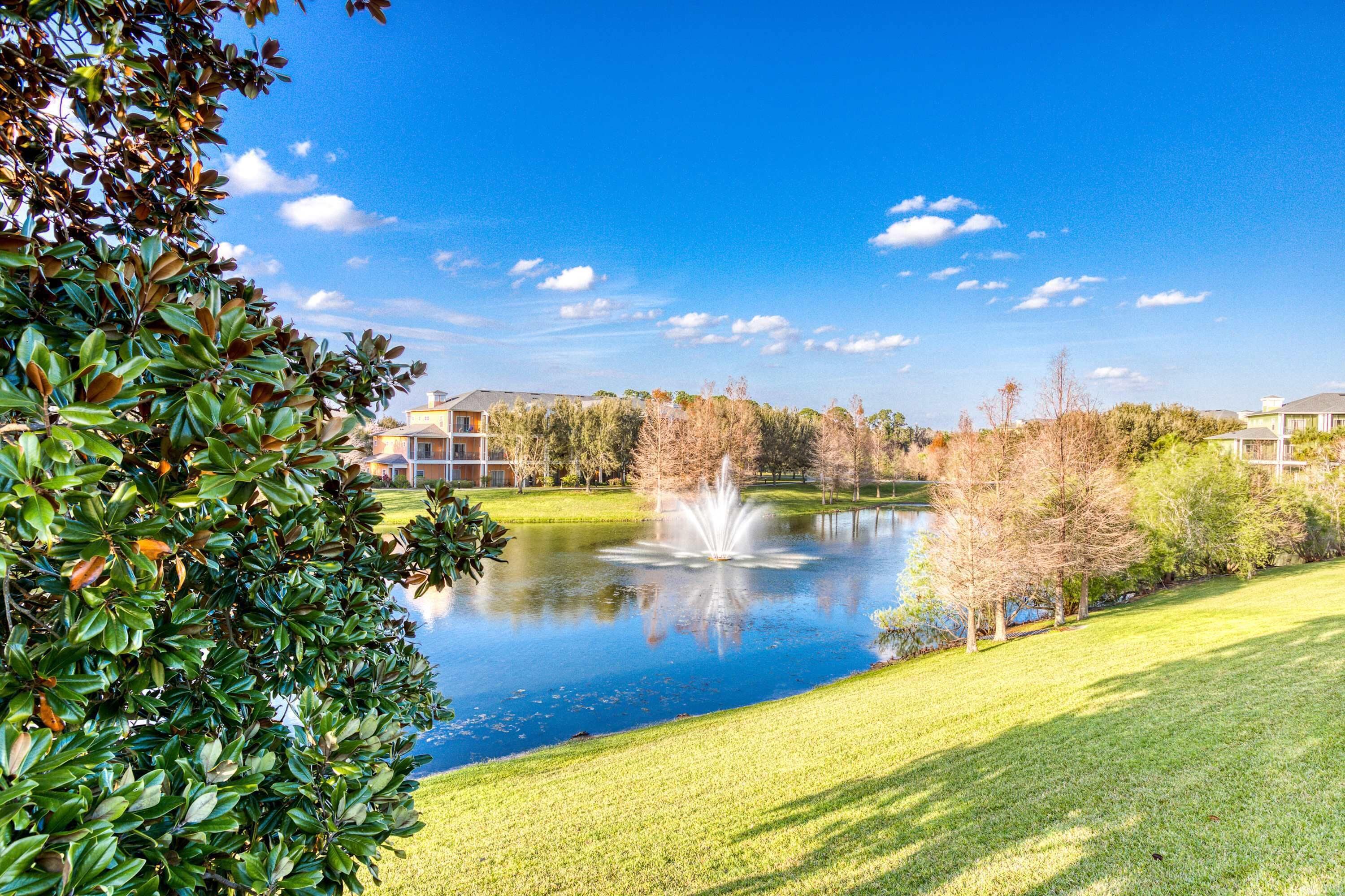 A serene park with a pond, lush greenery, and a clear blue sky.
