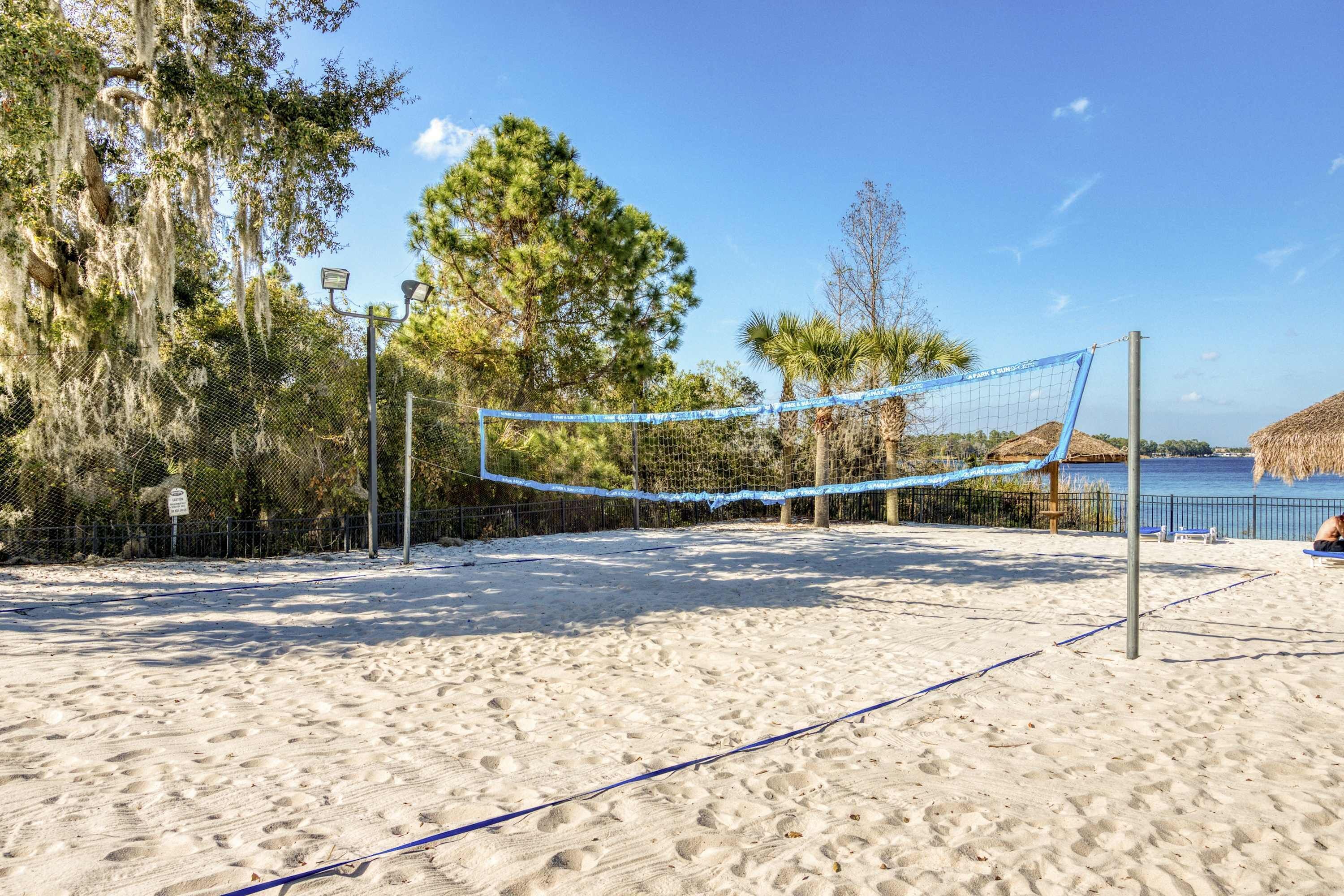 A beach volleyball court with a net, surrounded by sand and trees.