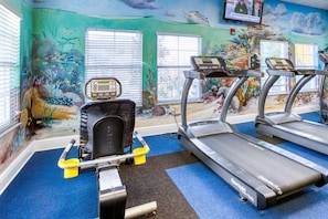 A gym with treadmills, a stationary bike, and a rowing machine. There are windows with blinds, a mural of an underwater scene, and a television mounted on the wall. - First floor condo w/ sauna, pools, restaurant, tennis court (Davenport)