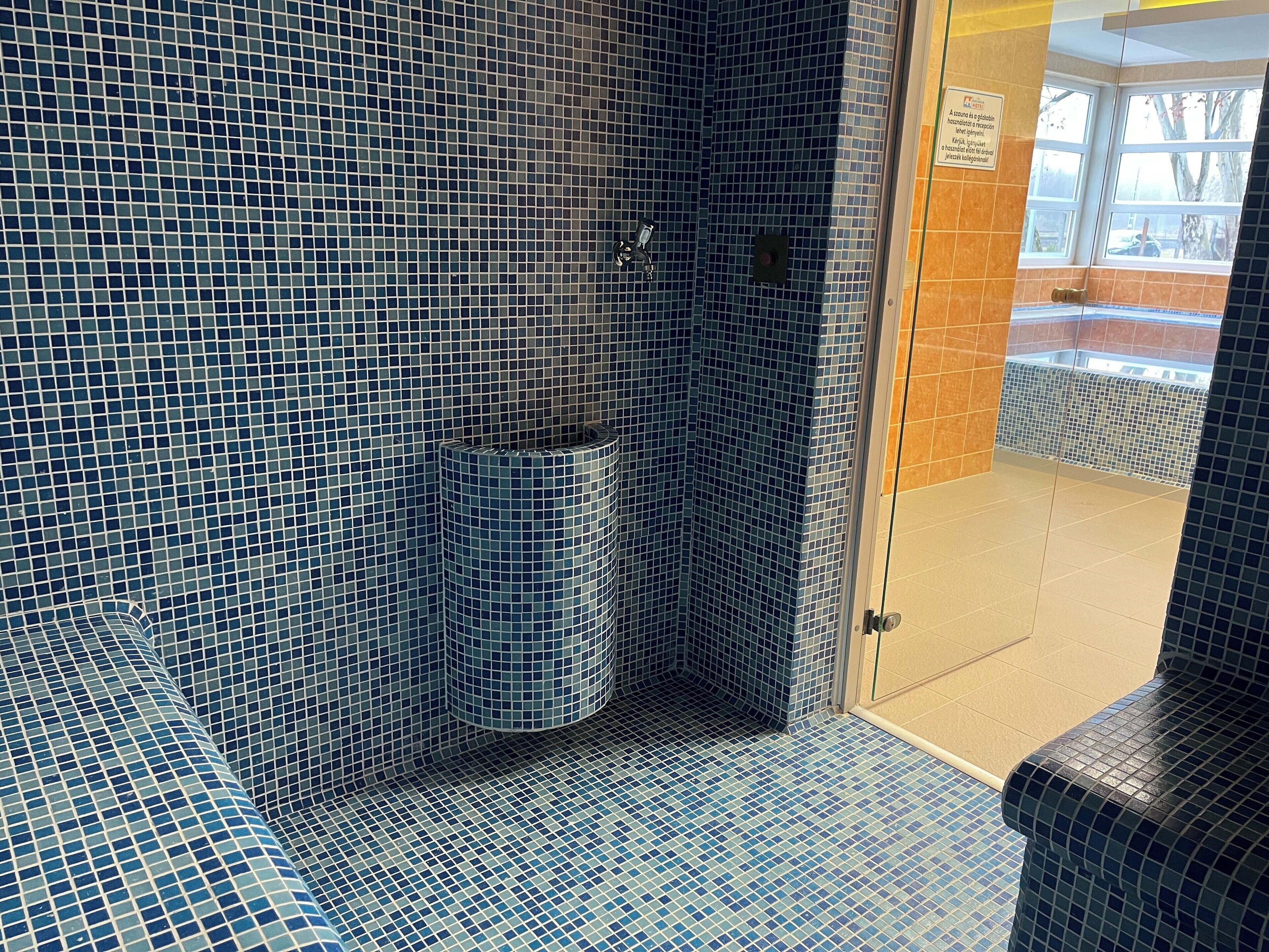 A bathroom with blue mosaic tiles, a glass shower enclosure, and a view of the outside through a door.