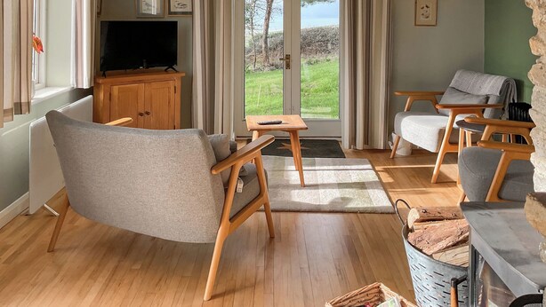 Una sala de estar con sofá, televisión, chimenea y vistas al exterior.