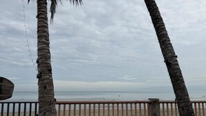 A beach view with palm trees and a fence. - Beautiful 2-bedroom apartment with AC, beach front and huge parking lot (Opol)