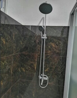 Shower, hair dryer, bidet, towels