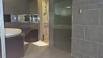 Deluxe Double Room | Bathroom | Hair dryer, towels, shampoo, toilet paper