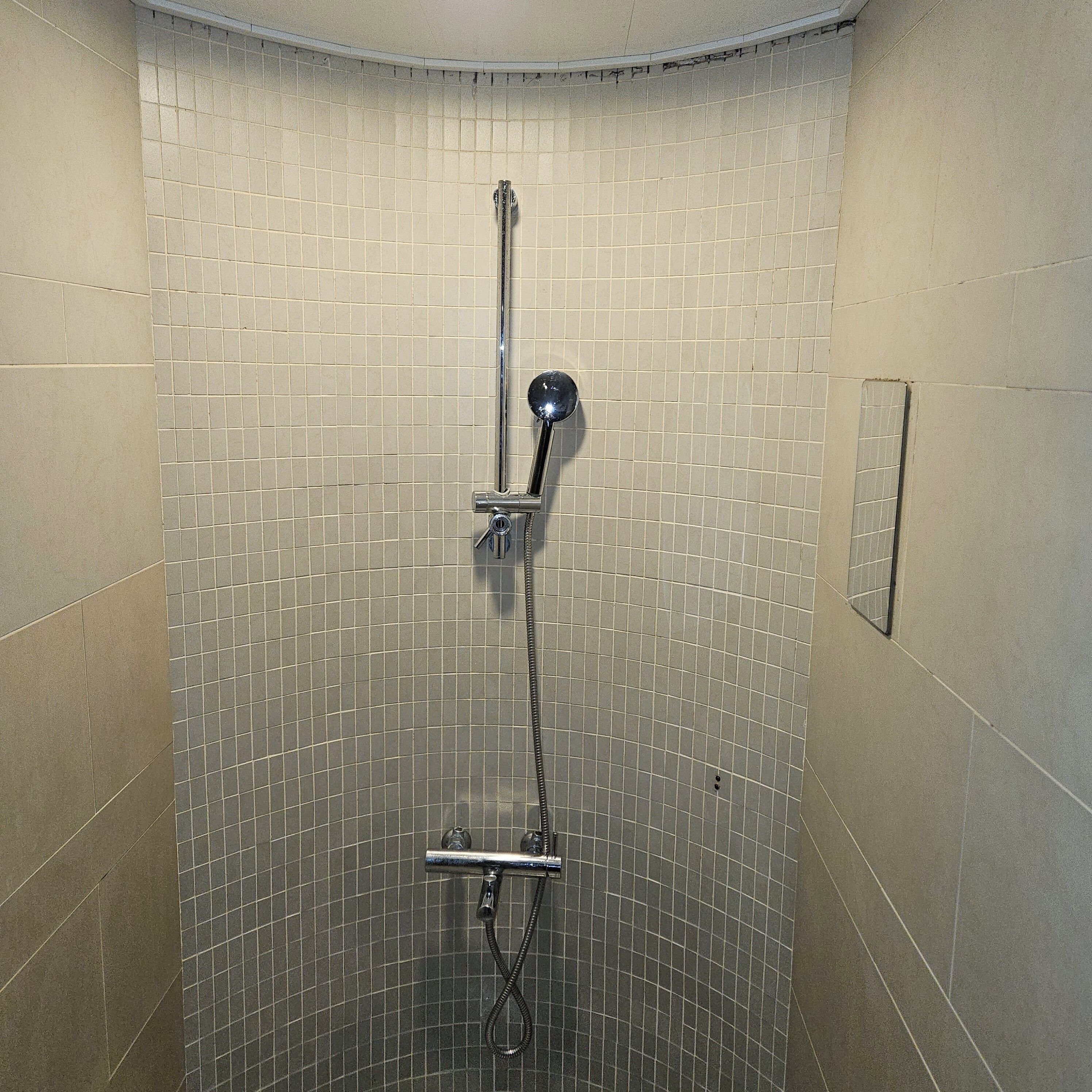 A shower with a curved ceiling, tiled walls, and a handheld showerhead.
