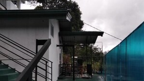 A covered outdoor area with a staircase, a blue fence, and potted plants. - Elite Ella (Ella)