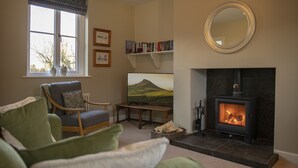 A cozy living room with a fireplace, a comfortable armchair, a bookshelf, and a large window. - Green Balk Cottage, Great Broughton, Yorkshire (Stokesley)