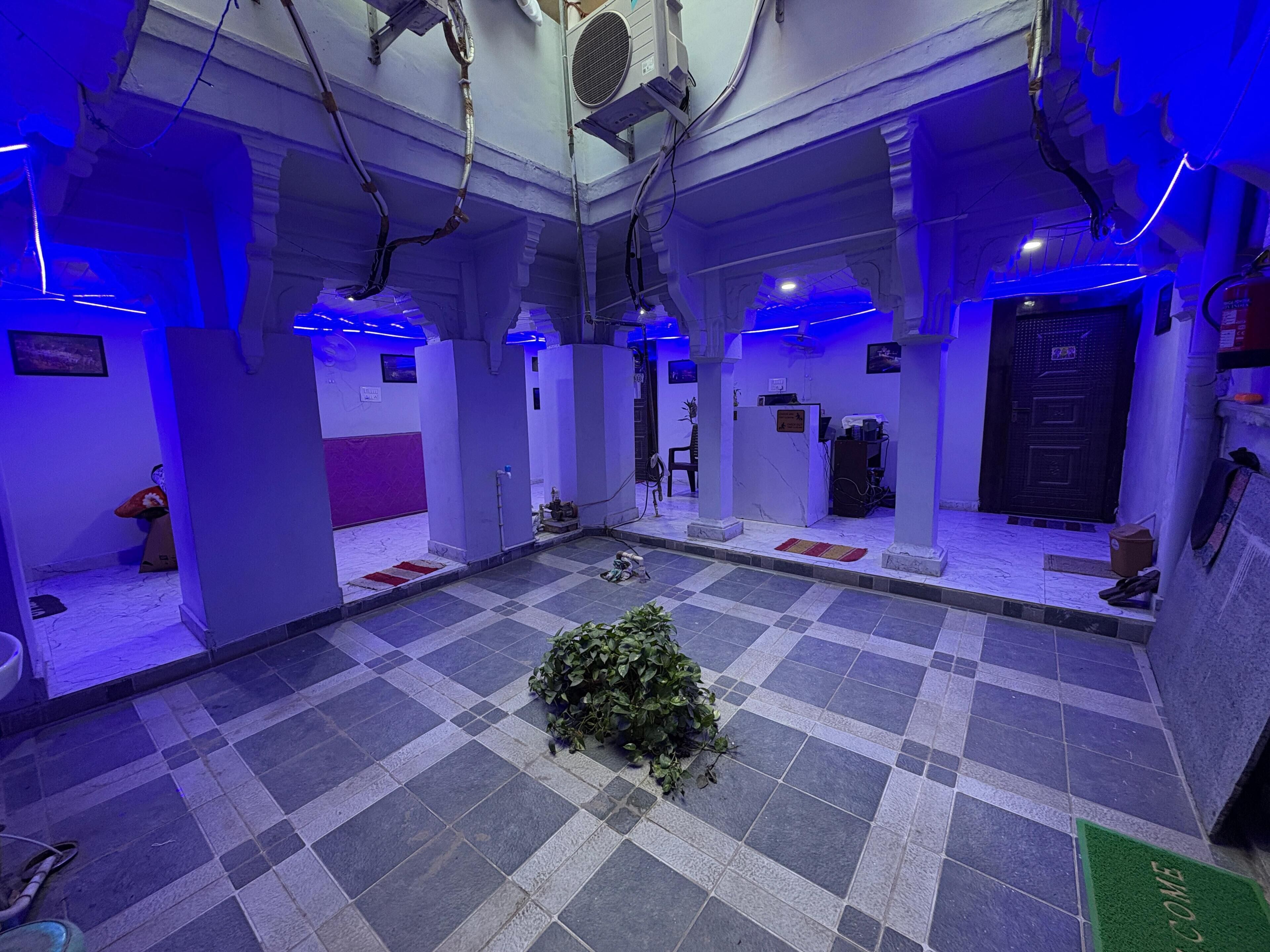 Un hall d’hôtel avec un sol à carreaux, une plante d’ornement au centre et un comptoir de réception.