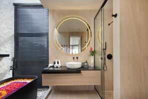 Separate bathtub and shower, free toiletries, hair dryer, bathrobes