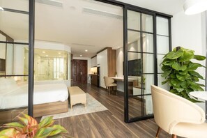 Premium Apartment, City View | Desk, laptop workspace, blackout drapes, iron/ironing board - LIVIE Ha Noi Ham Long (Hoan Kiem)