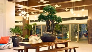 A modern interior with a wooden table, benches, potted plants, and ceiling fans.