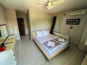 Ein Schlafzimmer mit Bett, Deckenventilator, Klimaanlage, Spiegel und Tür.