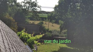 Blick auf einen Garten mit einem Gebäude im Vordergrund und einem Feld im Hintergrund.