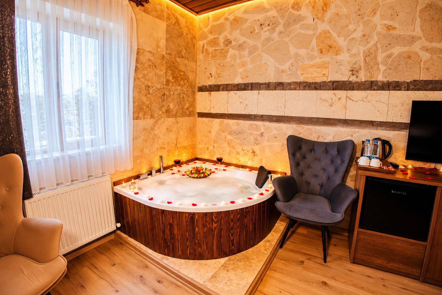 A spa room with a stone wall, a wooden floor, a round hot tub, a grey armchair, and a television on a wooden cabinet.