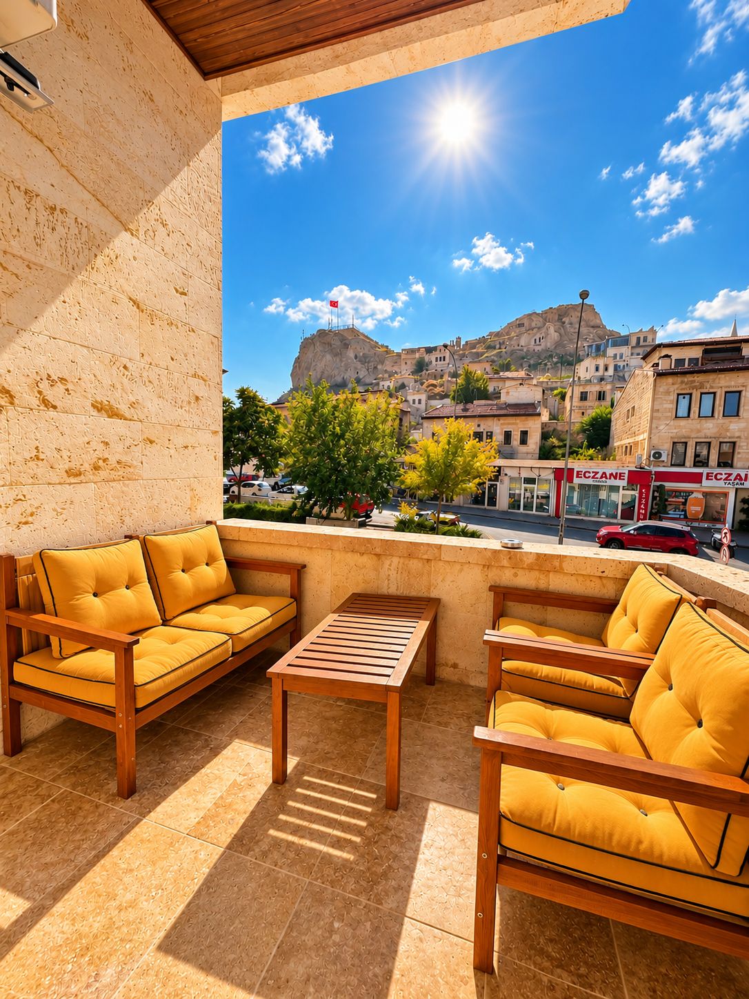 An outdoor seating area with wooden furniture and a view of a cityscape with buildings and a mountain.