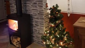Une pièce avec un mur en pierre, un poêle à bois, un sapin de Noël et une lampe fixée au mur.
