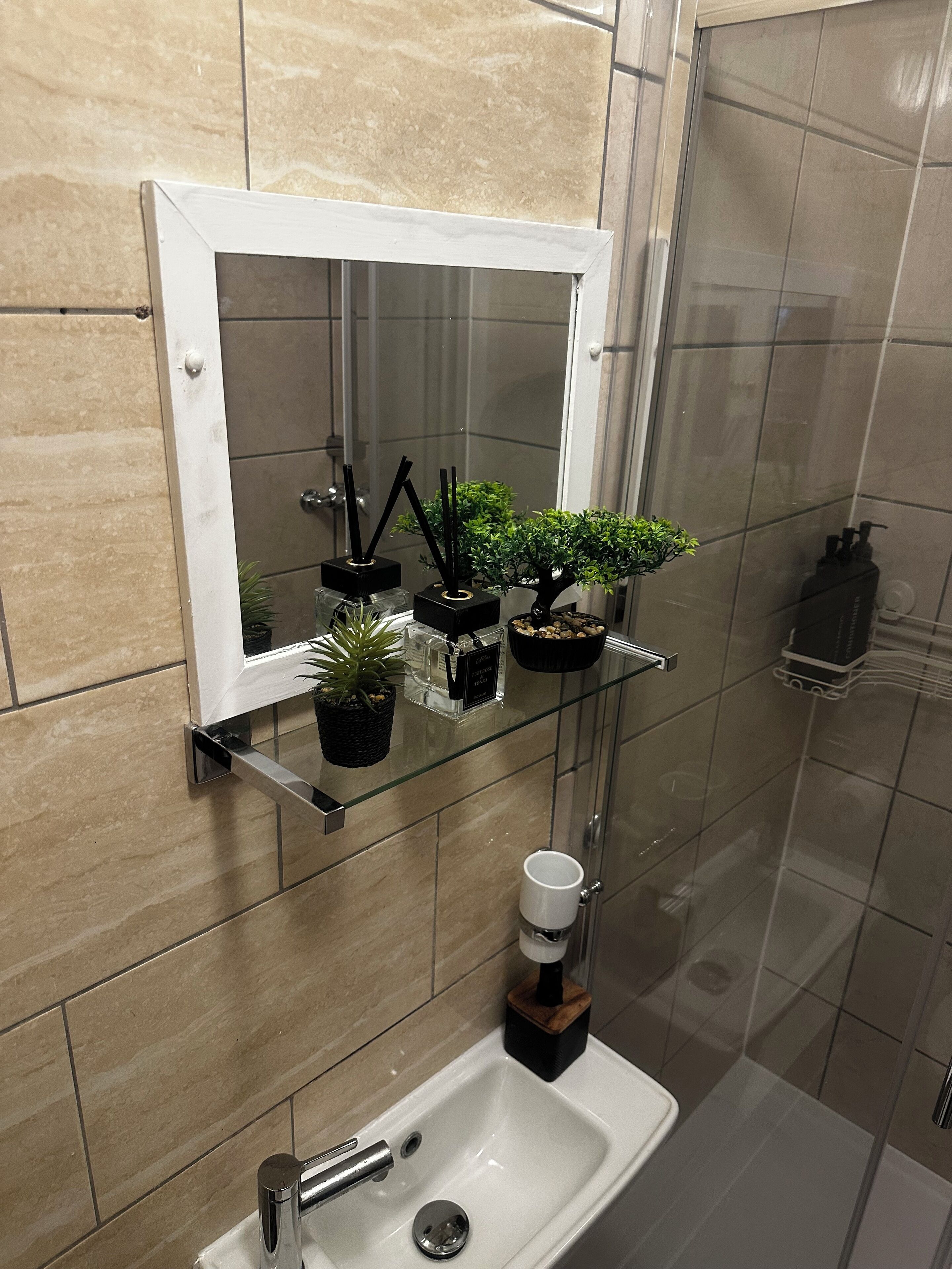 Shower, towels, soap, toilet paper