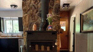 Una chimenea de piedra con un conducto negro, un jarrón con flores y un letrero que indica 'No Fire'.
