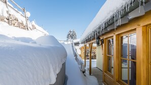 A snow-covered pathway leading to a building with wooden doors and windows. - Holiday Home 'Ferienhaus Apfelbäumchen Lenzkirch' with Mountain View, Private Terrace and Wi-Fi (Lenzkirch)