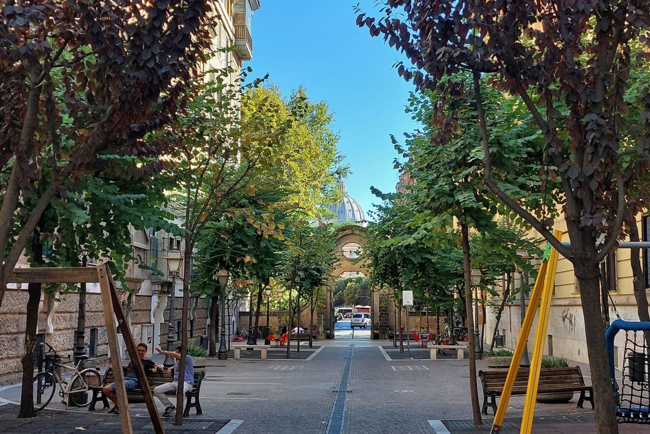 A tree-lined street with benches and a bicycle.