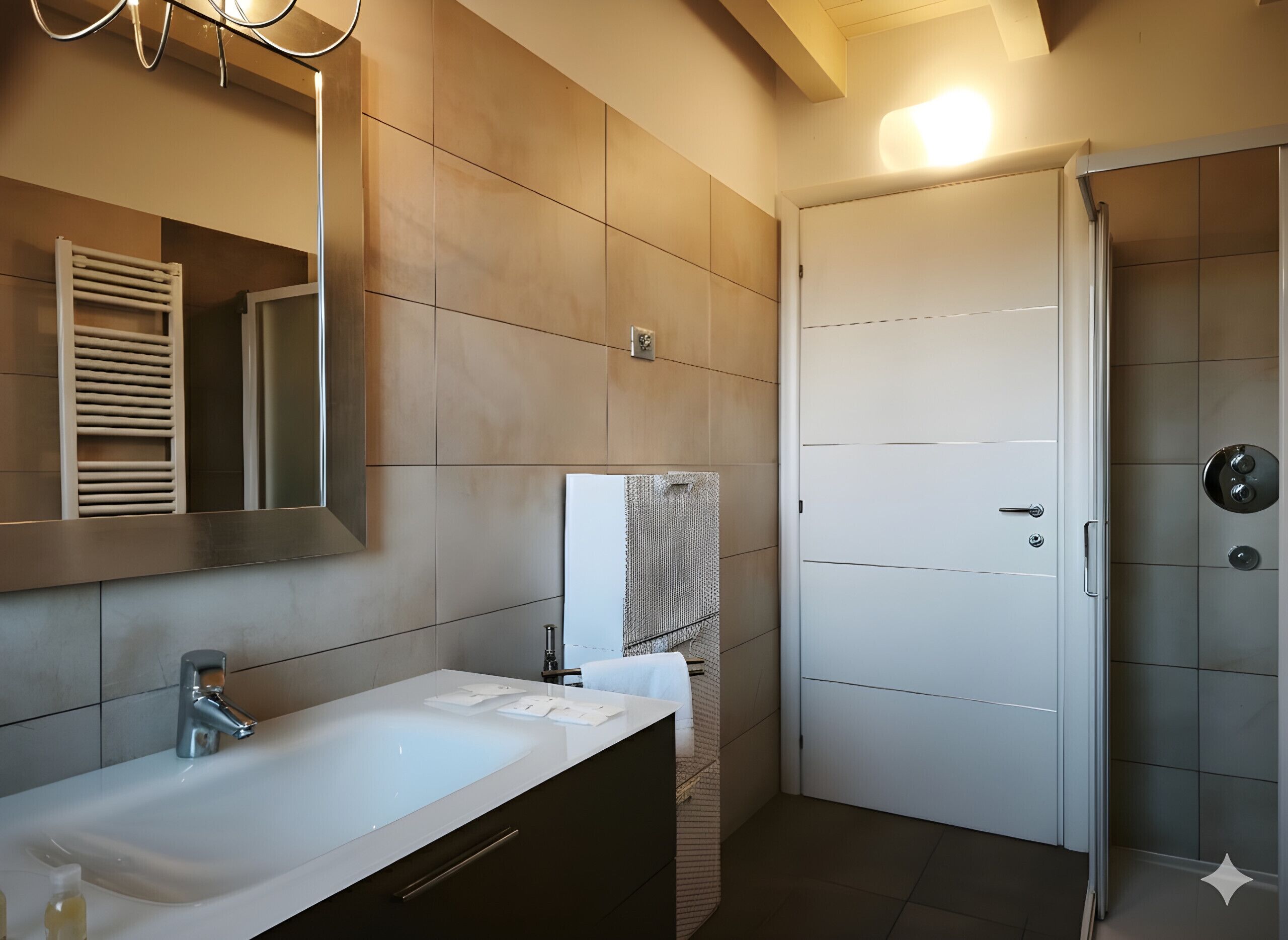 A modern bathroom with a white vanity, a large mirror, a towel rack, and a shower area.