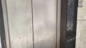 A closed elevator door with a metallic finish and a control panel on the wall beside it. - Brij Darshan (Vrindavan)