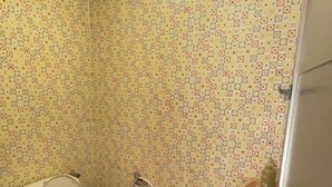 Un baño pequeño con inodoro, ducha y lavamanos.