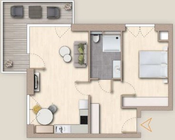 A floor plan of a hotel room with a bed, a bathroom, a small seating area, and a kitchenette. - The View B09 Austernfischer - Sea view, balcony, shared. Sauna, parking space (Dagebüll)