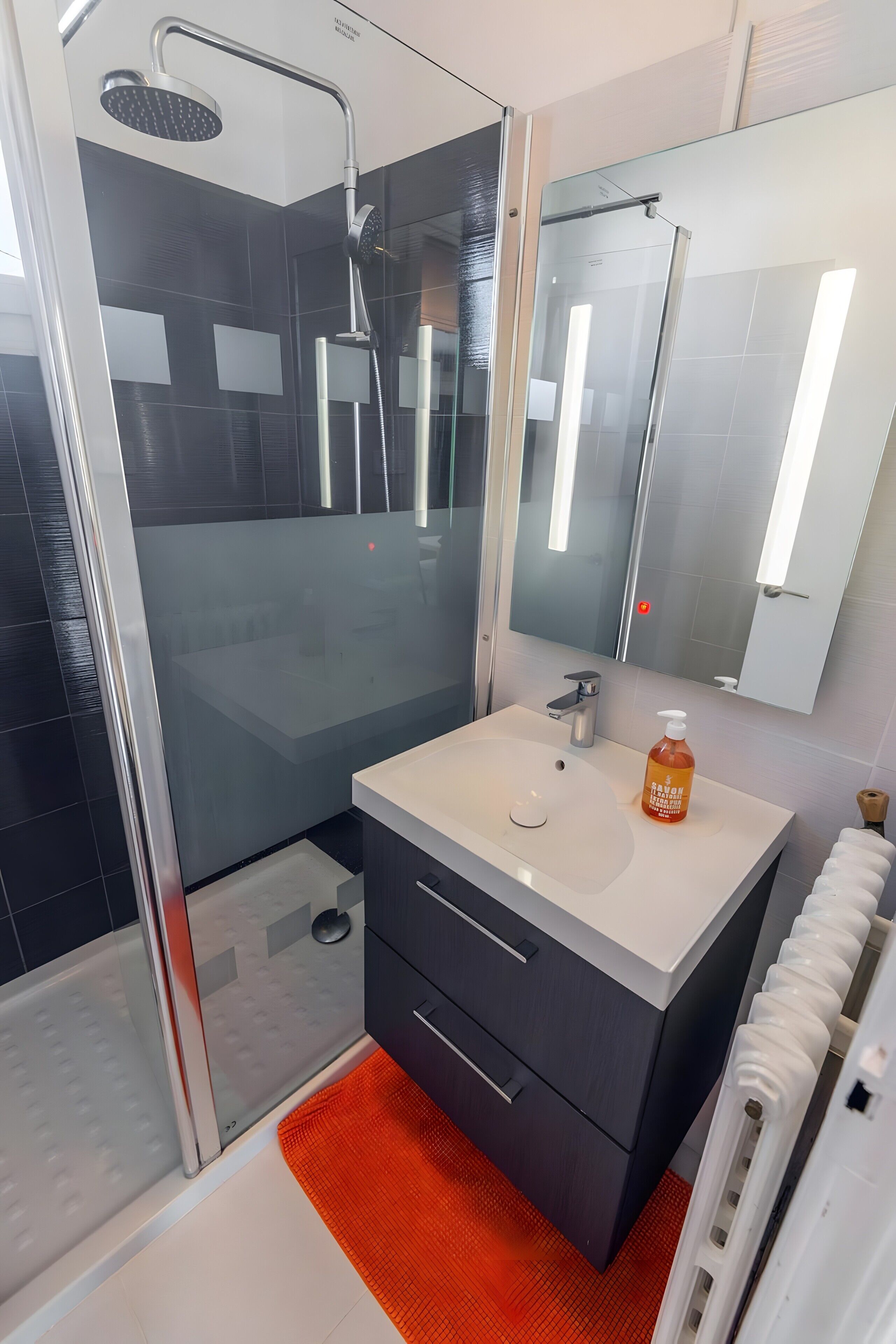 Une salle de bain moderne avec une douche à l’italienne en verre, un lavabo blanc et un miroir au-dessus.