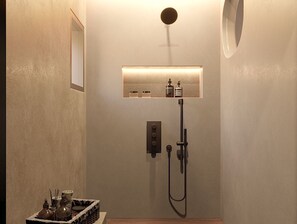 Deluxe Suite, Partial Sea View | Bathroom | Shower, free toiletries, hair dryer, slippers - Eden Island (Santorini)