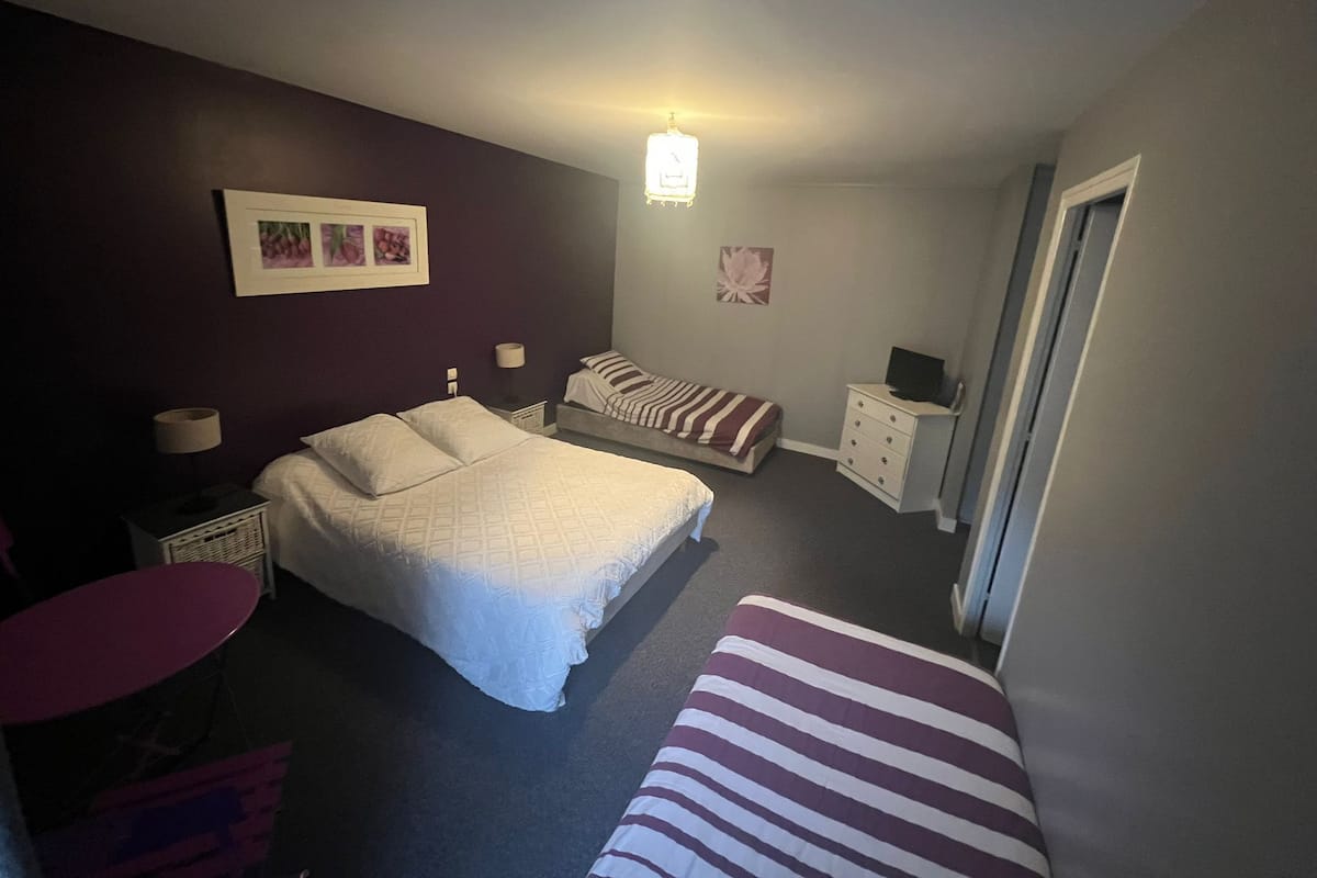 Une chambre avec deux lits, un bureau, une chaise et une commode.