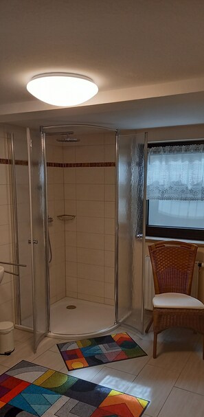 Regadera, secadora de cabello, papel de baño