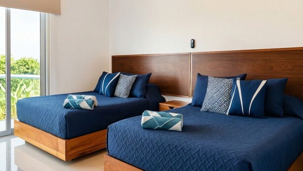 A hotel room with two beds, a wooden headboard, and a view of greenery outside.