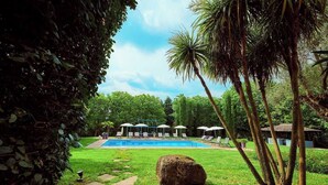 A pool area with lounge chairs and umbrellas, surrounded by greenery and palm trees. - Villa Diana - Private Villa with pool (Provincia di Brescia)