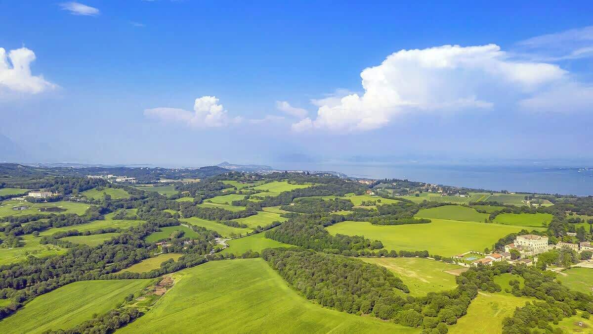 An aerial view of a rural landscape with rolling green fields, a large estate, and a body of water in the distance.